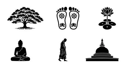 Buddha Purnima vector illustration set, Buddhist symbols and icons flat design Stock Illustration