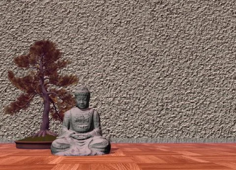 Buddha in a room - 3D render Stock Illustration