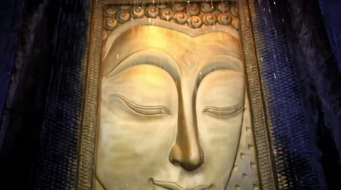 Buddha sculpture on temple wall with small waterfall. HD. 1920x1080 Stock-Footage 46442768
