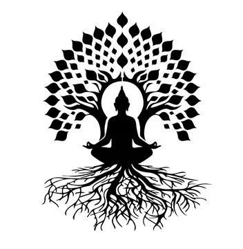 Buddha sits under a beautiful tree and strong roots in a Zen position. 스톡 일러스트