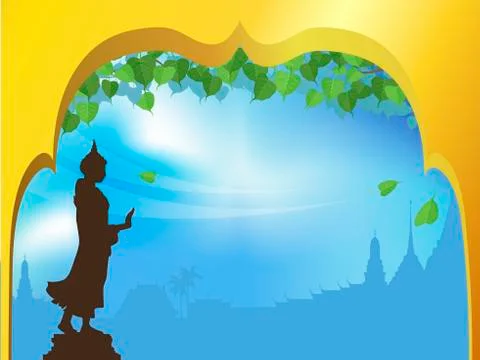 Buddha statue and Bodhi tree with Golden arch temple of thai tradition backgr Stock Illustration