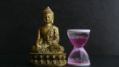 Buddha statue and clock. The concept of religion and time Stock Footage 98195818