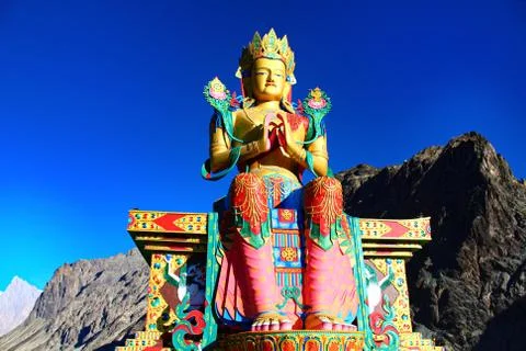 Buddha statue at Buddhist monastery Diskit, Ladakh, India. Golden Buddha, Tibet	 Stock Photos