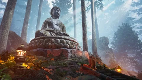 Buddha statue in the forest and a buddhist monk prays Vídeo Stock 273232478
