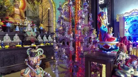 Buddha statue inside Buddhist Temple, Marble mountains, Da Nang, Vietnam Stock Footage 155150929