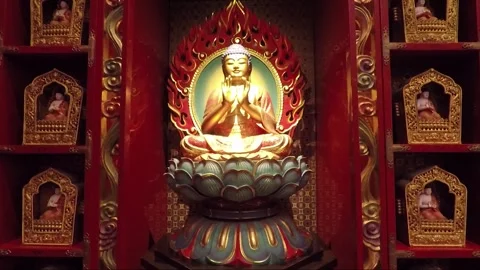Buddha Statue, Inside Hundred Dragon Hall, Buddha Tooth Relic Temple, Singapore Stock Footage 328658476