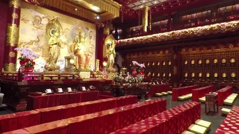 Buddha Statue, Inside Hundred Dragon Hall, Buddha Tooth Relic Temple, Singapore Stock Footage 328738722
