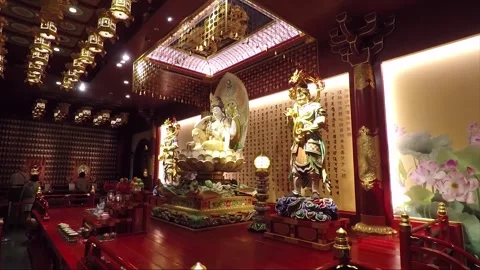 Buddha Statue, Inside Hundred Dragon Hall, Buddha Tooth Relic Temple, Singapore Stock Footage 328988674