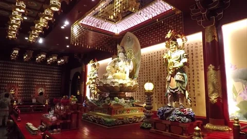 Buddha Statue, Inside Hundred Dragon Hall, Buddha Tooth Relic Temple, Singapore Stock Footage 328989879