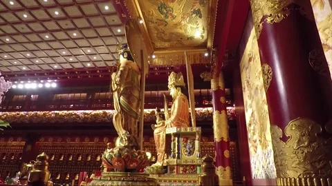 Buddha Statue, Inside Hundred Dragon Hall, Buddha Tooth Relic Temple, Singapore Stock Footage 329185385