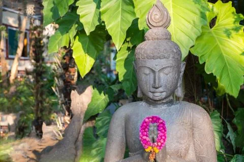 Buddha statue with laurel at Wat Thamai (Public location) Stock Photos