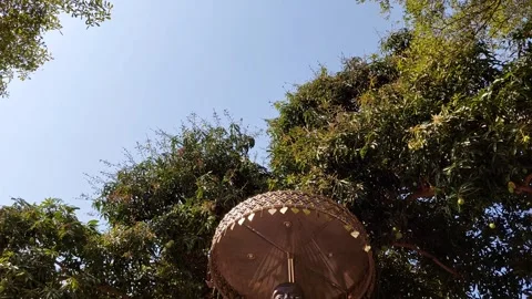 Buddha statue standing under a large umbrella Stockbeeldmateriaal 268724992