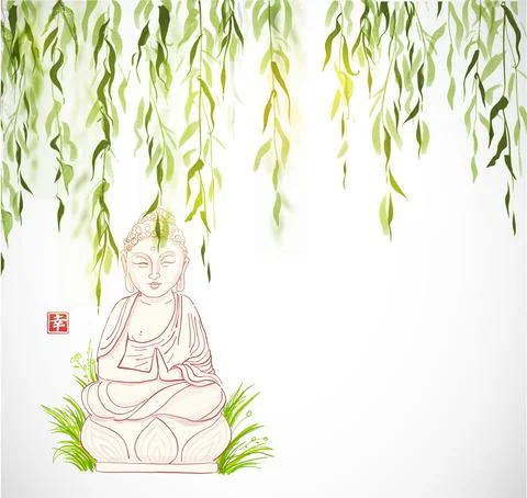Buddha statue under the green willow tree on white background. Hieroglyph - Stock Illustration