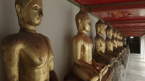 Buddha Statues at Temple of the Reclining Buddha (Wat Pho), Bangkok,Thailand Stock Footage 48437174