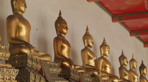 Buddha Statues at Temple of the Reclining Buddha (Wat Pho), Bangkok,Thailand Stock Footage 48437545