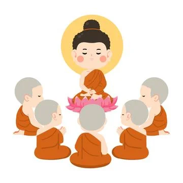 Buddha Teaching Monks Under Sacred Tree Stock Illustration