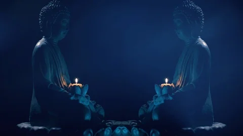 Buddha Temple | Mirrored image of rotating Buddha statue with lighting FX Video stock 91023909