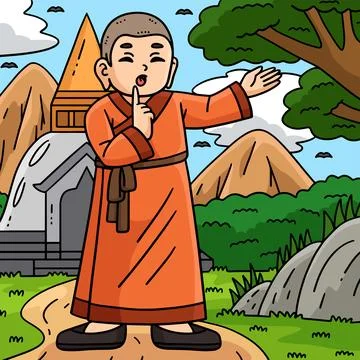 Buddhism Buddhist Monk doing Quiet Sign Colored Stock Illustration