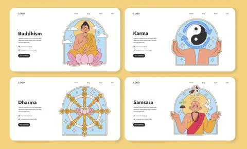 Buddhism concept set. Flat vector illustration. Stock Illustration
