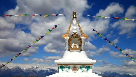 Buddhism. Enlightenment Stupa with prayer flags Stock Footage 86275282