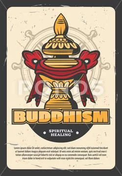 Buddhism Oriental religion poster with gold vessel Stock Illustration