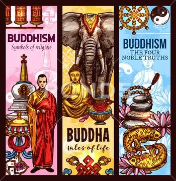 Buddhism religion sacred symbols sketch banners Stock Illustration