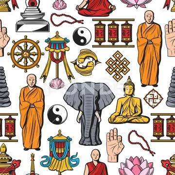 Buddhism religion symbols seamless pattern Stock Illustration