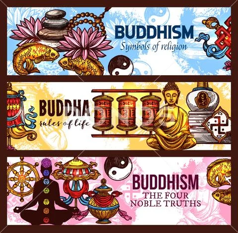 Buddhism Religion Symbols, Vector Sketch