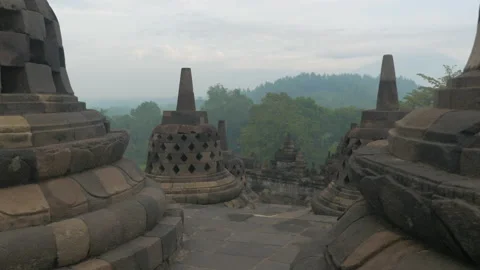 Buddhist Borobudur temple under the mist at sunrise, in Indonesia Stock Footage 222763533