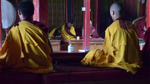 Buddhist chant in the nepal monastery Stock Footage 8600858