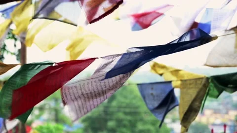 The Buddhist flag waving in the air. Stock Footage 133920271