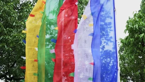 The Buddhist flag waving in the air. Stock Footage 133929805