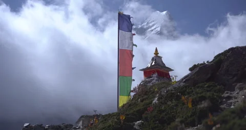 Buddhist Flags and River at Khumbu Himalaya Landscape Stock Footage 292648054