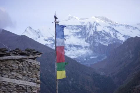 Buddhist gompa and prayer flags in the Himalaya mountains, Nepal Stock Photos