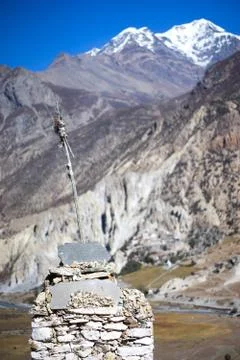 Buddhist gompa and prayer flags in the Himalaya range, Annapurna region, Nepal Stock Photos