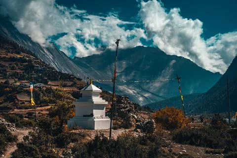 Buddhist gompa and prayer flags in the Himalaya mountains, Nepal Stock Photos