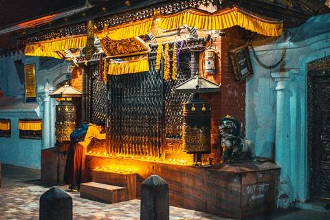 Buddhist gompa and prayer flags in the Himalaya mountains, Nepal Stock Photos