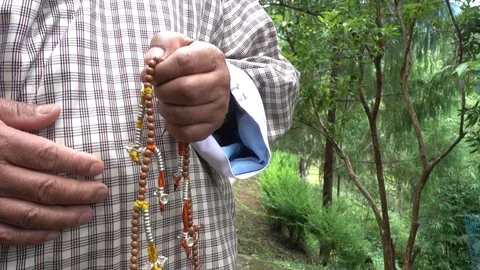 Buddhist man chanting with beads Stock Footage