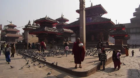 Buddhist Monk Collecting Alms at Durbar Square in Kathmandu, Nepal Stock Footage 44357563