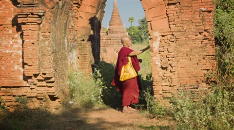 Buddhist monk in old ancient temple Stock Footage 36589084