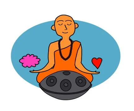 A Buddhist monk plays a hand drum. Stock Illustration