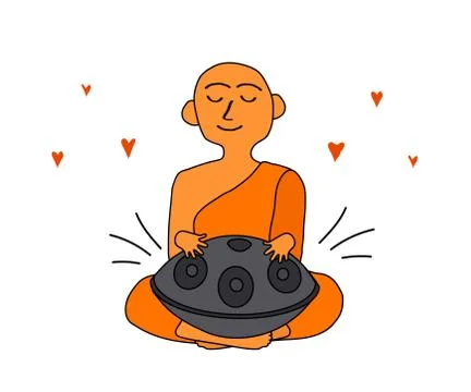 A Buddhist monk plays a hand drum. Musical instrument. Stock Illustration