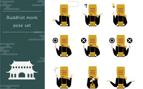 Buddhist monk pose set, upper body Stock Illustration