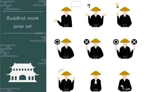 Buddhist monk pose set, upper body Stock Illustration