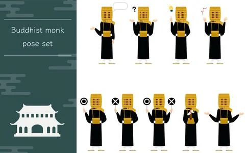 Buddhist monk pose set, whole body Stock Illustration