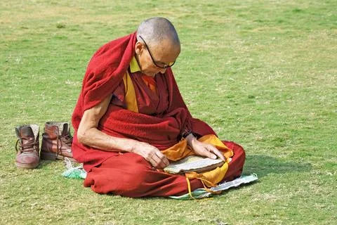 Buddhist monk reading scriptures ; Sanchi ; Madhya Pradesh ; India Copyrig... Stock Photos