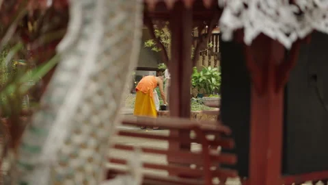 Buddhist monk touching something in a black bucket Video stock 264760085