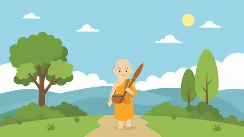 Buddhist Monk Walking on a Nature Path Flat Vector illustration 스톡 일러스트