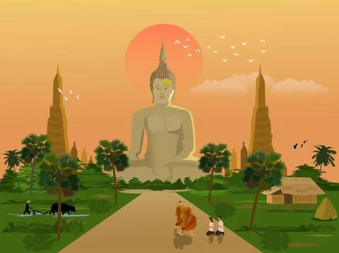 A Buddhist monk is walking on a road with men and women sitting in worship. Stock Illustration