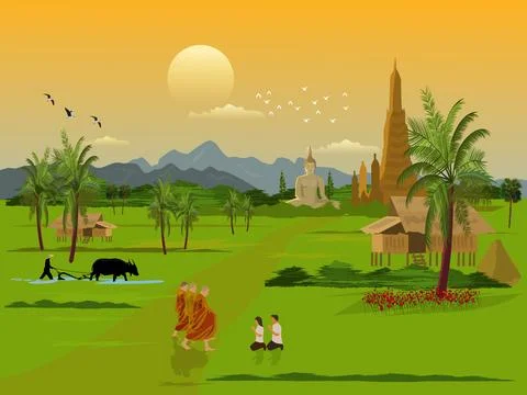 A Buddhist monk is walking on a road with men and women sitting Stock Illustration